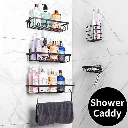 Black Bathroom Shower Caddy Shelf Adhesive, Stainless Steel In Shower Storage Rack Bathroom Organizer Shower, Rust Proof Shower Caddies Shelves Dorm College with Soap Dish Toothbrush holder (5 Pack)