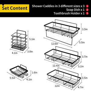 Black Bathroom Shower Caddy Shelf Adhesive, Stainless Steel In Shower Storage Rack Bathroom Organizer Shower, Rust Proof Shower Caddies Shelves Dorm College with Soap Dish Toothbrush holder (5 Pack)