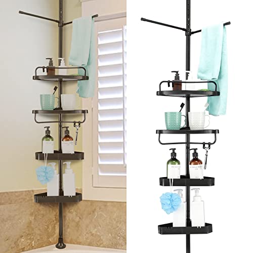 Shower Caddy Corner Organizer for Bathroom,Caddy Shelves cirner Storage Bathtub Shampoo Holder Rack with rustproof Tension Pole 4-Tier Adjustable Stand on Floor Black