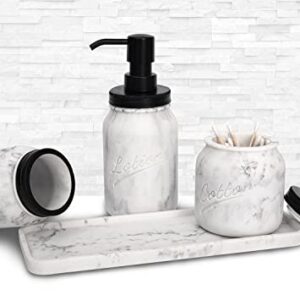 Artfrog Bathroom Accessory Set,Marble Bathroom Accessories,Mason Jar Bathroom Accessory Set, 4 Pcs Bathroom Accessory Set, Marble Look, Include Lotion Dispenser &Tumbler& Cotton Jar&Tray