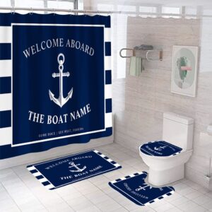 4pcs navy blue anchor shower curtain set with non-slip rugs and toilet lid cover navy strip nautical theme fabric shower curtain bathroom decor with hooks waterproof washable 72" x 72''