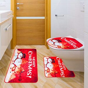 Dinaso 3 Pcs Merry Christmas Bathroom Decorations Set Snowman Christmas Bathroom Rugs Non-Slip Toilet Seat Cover and Bath Mats Xmas Santa Reindeer Snowmen Bathroom Decor (Red)