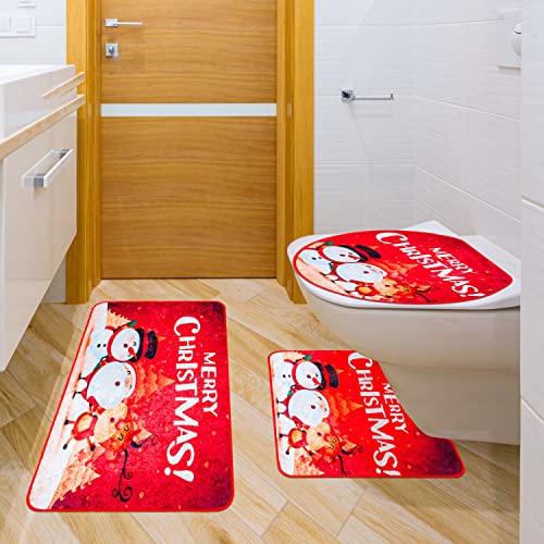 Dinaso 3 Pcs Merry Christmas Bathroom Decorations Set Snowman Christmas Bathroom Rugs Non-Slip Toilet Seat Cover and Bath Mats Xmas Santa Reindeer Snowmen Bathroom Decor (Red)