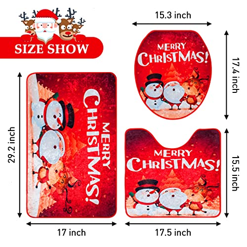 Dinaso 3 Pcs Merry Christmas Bathroom Decorations Set Snowman Christmas Bathroom Rugs Non-Slip Toilet Seat Cover and Bath Mats Xmas Santa Reindeer Snowmen Bathroom Decor (Red)