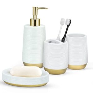 tonial bathroom accessories gift set, bathroom decor set 4 piece white-queen gold with soap/lotion dispenser, toothbrush holder, soap dish, tumbler