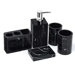 5 piece complete bathroom accessories set - electric toothbrush holder, 16.9 oz dispenser for liquid soap or lotion, soap dish, 2 tumblers, made of marble pattern resin (classic black)