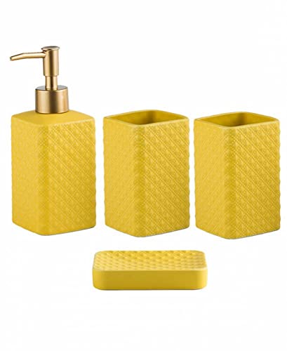 Bathroom Accessories Set Ceramic Soap Dispenser Toothbrush Holder Bathroom Tumbler Soap Dish Bathroom Decor Vibrant Modern Bathroom Set (Yellow 4-Piece Suit)