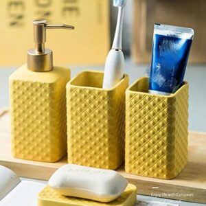 Bathroom Accessories Set Ceramic Soap Dispenser Toothbrush Holder Bathroom Tumbler Soap Dish Bathroom Decor Vibrant Modern Bathroom Set (Yellow 4-Piece Suit)