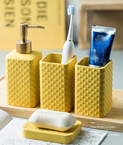 Bathroom Accessories Set Ceramic Soap Dispenser Toothbrush Holder Bathroom Tumbler Soap Dish Bathroom Decor Vibrant Modern Bathroom Set (Yellow 4-Piece Suit)