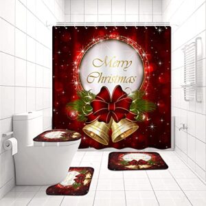 artsocket 4 pcs shower curtain set christmas bells bow snowflakes red with non-slip rugs toilet lid cover and bath mat bathroom decor set 72" x 72"