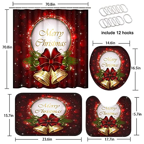 ArtSocket 4 Pcs Shower Curtain Set Christmas Bells Bow Snowflakes Red with Non-Slip Rugs Toilet Lid Cover and Bath Mat Bathroom Decor Set 72" x 72"