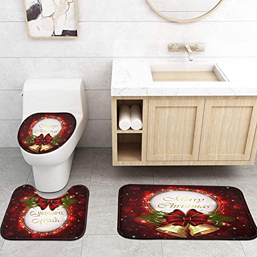 ArtSocket 4 Pcs Shower Curtain Set Christmas Bells Bow Snowflakes Red with Non-Slip Rugs Toilet Lid Cover and Bath Mat Bathroom Decor Set 72" x 72"