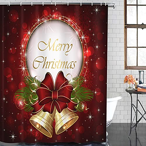 ArtSocket 4 Pcs Shower Curtain Set Christmas Bells Bow Snowflakes Red with Non-Slip Rugs Toilet Lid Cover and Bath Mat Bathroom Decor Set 72" x 72"