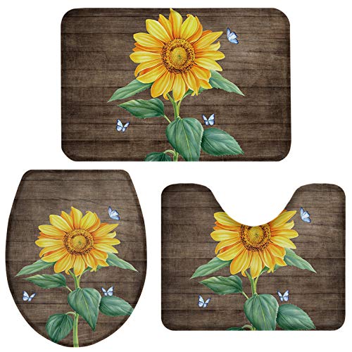 Fashion 3 Piece Bath Rugs Set Country Farmhouse Style Sunflowers and Butterflies in Vintage Brown Wood Grain Printed Non Slip Ultra Soft Bathroom Mats, U Shape Mat and Toilet Lid Cover Mat Bath Mats