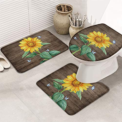 Fashion 3 Piece Bath Rugs Set Country Farmhouse Style Sunflowers and Butterflies in Vintage Brown Wood Grain Printed Non Slip Ultra Soft Bathroom Mats, U Shape Mat and Toilet Lid Cover Mat Bath Mats