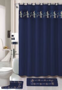 ahf/wpm beverly navy flower 18-piece bathroom set: 2-rugs/mats, 1-fabric shower curtain, 12-fabric covered rings, 3-pc. decorative towel set