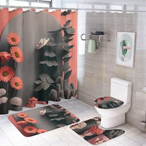 ysinobear orange series shower curtain sets with non-slip rug,toilet lid cover and bath mat,orange flower shower curtain sets with 12 hooks,durable waterproof shower curtain.