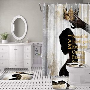 SiMiWOW African American Black Girl with Gold Crown Motivational Shower Curtain Set with Rugs Girls Bathroom Decor Curtain with Mats, Set of 4