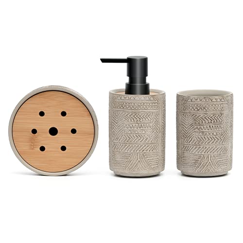 Bathroom Accessory Set, Grey Soap Dispenser Toothbrush Holder Set, Concrete Bathroom Accessories Set - Includes Soap Dispenser, Tumbler, Soap Dish (Vintage Engraving - Concrete)