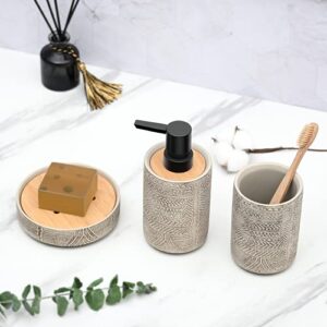 Bathroom Accessory Set, Grey Soap Dispenser Toothbrush Holder Set, Concrete Bathroom Accessories Set - Includes Soap Dispenser, Tumbler, Soap Dish (Vintage Engraving - Concrete)