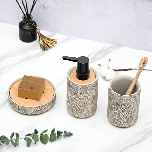 Bathroom Accessory Set, Grey Soap Dispenser Toothbrush Holder Set, Concrete Bathroom Accessories Set - Includes Soap Dispenser, Tumbler, Soap Dish (Vintage Engraving - Concrete)