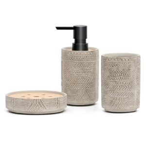 Bathroom Accessory Set, Grey Soap Dispenser Toothbrush Holder Set, Concrete Bathroom Accessories Set - Includes Soap Dispenser, Tumbler, Soap Dish (Vintage Engraving - Concrete)