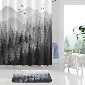 Accnicc Black and White Misty Forest Shower Curtain Bundle with Black Misty Forest Small Bathroom Rugs Mat Non-Slip Bath Rugs