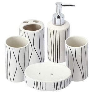 lueur 5 pieces ceramic bathroom accessories set includes soap dispenser, soap dish, 2 tumblers, divided toothbrush holder w/ striped line printed