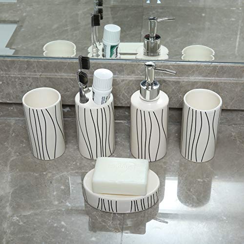 LUEUR 5 Pieces Ceramic Bathroom Accessories Set Includes Soap Dispenser, Soap Dish, 2 Tumblers, Divided Toothbrush Holder w/ Striped Line Printed