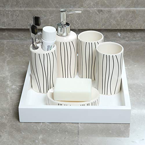 LUEUR 5 Pieces Ceramic Bathroom Accessories Set Includes Soap Dispenser, Soap Dish, 2 Tumblers, Divided Toothbrush Holder w/ Striped Line Printed