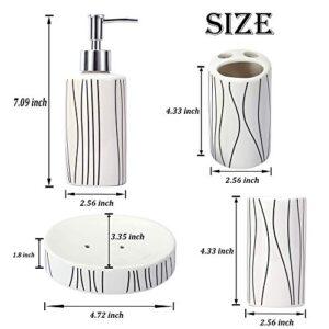 LUEUR 5 Pieces Ceramic Bathroom Accessories Set Includes Soap Dispenser, Soap Dish, 2 Tumblers, Divided Toothbrush Holder w/ Striped Line Printed