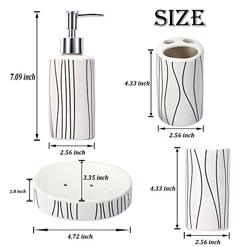 LUEUR 5 Pieces Ceramic Bathroom Accessories Set Includes Soap Dispenser, Soap Dish, 2 Tumblers, Divided Toothbrush Holder w/ Striped Line Printed