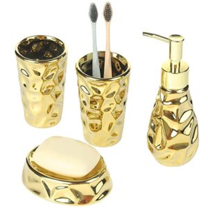mygift 4 piece luxurious modern gold ceramic bathroom accessory set, gold decor bathroom accessories, toothbrush holder set with soap dish, pump dispenser and tumblers