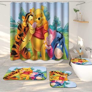 4 Pieces Anime Shower Curtain Set with Non-Slip Rug,Bath Mat,Toilet Cover and Waterproof Shower Curtain, Durable with Polyester Fabric with 12 Hooks for Hotel Home Bathroom Set Decor 72 X 72 Inches