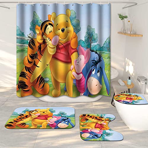 4 Pieces Anime Shower Curtain Set with Non-Slip Rug,Bath Mat,Toilet Cover and Waterproof Shower Curtain, Durable with Polyester Fabric with 12 Hooks for Hotel Home Bathroom Set Decor 72 X 72 Inches