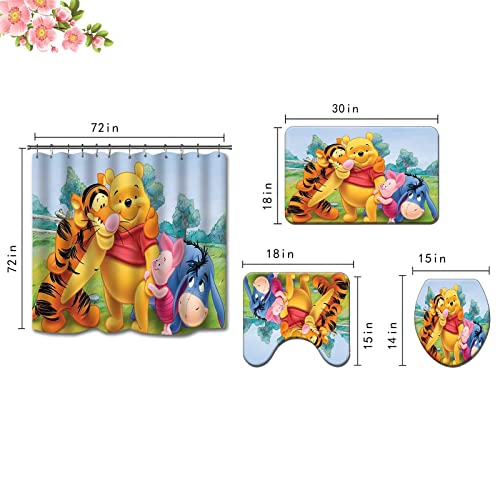 4 Pieces Anime Shower Curtain Set with Non-Slip Rug,Bath Mat,Toilet Cover and Waterproof Shower Curtain, Durable with Polyester Fabric with 12 Hooks for Hotel Home Bathroom Set Decor 72 X 72 Inches