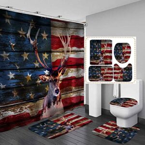 dia magico 4pcs deer shower curtain set, american flag patriotic elk antlers moose woodland forest animal hunting lodge cabin rustic farmhouse bathroom decor, fabric shower curtain non-slip bath mat