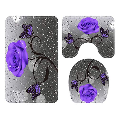 4 Pcs Rose Flower Shower Curtain Sets with Non-Slip Rugs, Toilet Lid Cover and Bath Mat, Purple Rose Bathroom Curtain with 12 Hooks