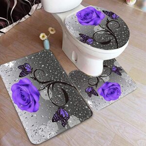 4 Pcs Rose Flower Shower Curtain Sets with Non-Slip Rugs, Toilet Lid Cover and Bath Mat, Purple Rose Bathroom Curtain with 12 Hooks