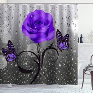 4 Pcs Rose Flower Shower Curtain Sets with Non-Slip Rugs, Toilet Lid Cover and Bath Mat, Purple Rose Bathroom Curtain with 12 Hooks