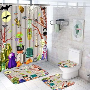 alishomtll 4 pcs halloween shower curtain set with non-slip rugs, toilet lid cover and bath mat, colorful cartoon pumpkin shower curtains with 12 hooks, mummies tree ghost bathroom curtain