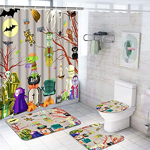 Alishomtll 4 Pcs Halloween Shower Curtain Set with Non-Slip Rugs, Toilet Lid Cover and Bath Mat, Colorful Cartoon Pumpkin Shower Curtains with 12 Hooks, Mummies Tree Ghost Bathroom Curtain