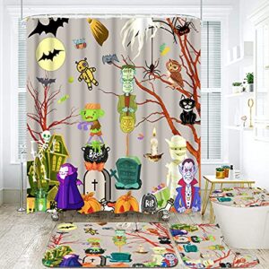 Alishomtll 4 Pcs Halloween Shower Curtain Set with Non-Slip Rugs, Toilet Lid Cover and Bath Mat, Colorful Cartoon Pumpkin Shower Curtains with 12 Hooks, Mummies Tree Ghost Bathroom Curtain