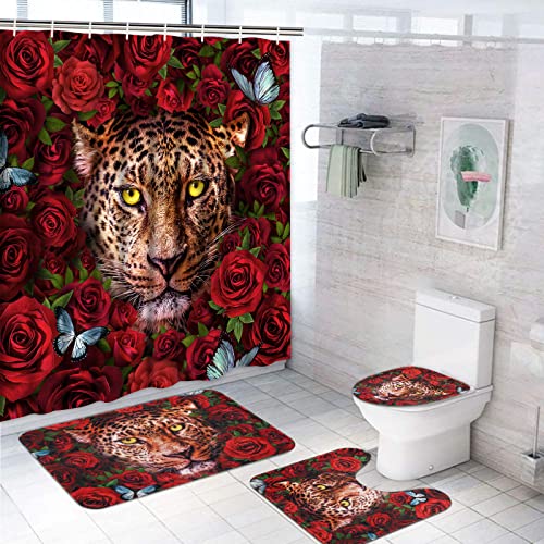 Likiyol 4 Pcs Red Rose Shower Curtain Sets with Non-Slip Rugs, Toilet Lid Cover and Bath Mat, African Leopard Cheetah Shower Curtain with 12 Hooks, Flower Butterfly Bathroom Set