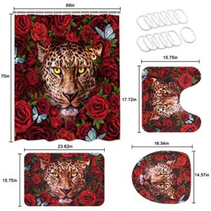 Likiyol 4 Pcs Red Rose Shower Curtain Sets with Non-Slip Rugs, Toilet Lid Cover and Bath Mat, African Leopard Cheetah Shower Curtain with 12 Hooks, Flower Butterfly Bathroom Set