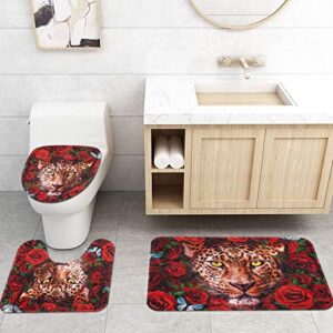 Likiyol 4 Pcs Red Rose Shower Curtain Sets with Non-Slip Rugs, Toilet Lid Cover and Bath Mat, African Leopard Cheetah Shower Curtain with 12 Hooks, Flower Butterfly Bathroom Set