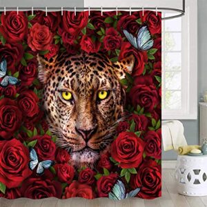 Likiyol 4 Pcs Red Rose Shower Curtain Sets with Non-Slip Rugs, Toilet Lid Cover and Bath Mat, African Leopard Cheetah Shower Curtain with 12 Hooks, Flower Butterfly Bathroom Set