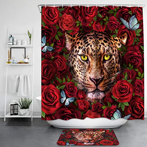 Likiyol 4 Pcs Red Rose Shower Curtain Sets with Non-Slip Rugs, Toilet Lid Cover and Bath Mat, African Leopard Cheetah Shower Curtain with 12 Hooks, Flower Butterfly Bathroom Set