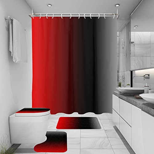 EGLGCC Black and Red Shower Curtain Bathroom Set Grey Ombre Burgundy Gradient Darkening Decor Accessories 60"x72" Waterproof Non-Slip Rugs Toilet Lid Cover U Shaped Mat Fabric 4 Pcs