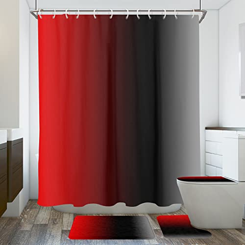 EGLGCC Black and Red Shower Curtain Bathroom Set Grey Ombre Burgundy Gradient Darkening Decor Accessories 60"x72" Waterproof Non-Slip Rugs Toilet Lid Cover U Shaped Mat Fabric 4 Pcs